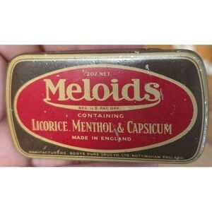Vintage Meloids Mellow Voice Pastilles Tin Boots Rexall Made in England 1/2 oz